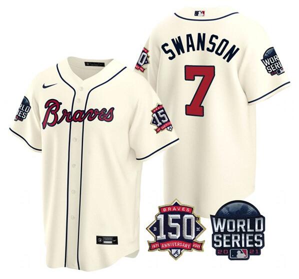 Men's Atlanta Braves #7 Dansby Swanson 2021 Cream World Series With 150th Anniversary Patch Cool Base Stitched Jersey Men's Atlanta Braves #7 Dansby Swanson 2021 Cream World Series With 150th Anniversary Patch Cool Base Stitched Jersey